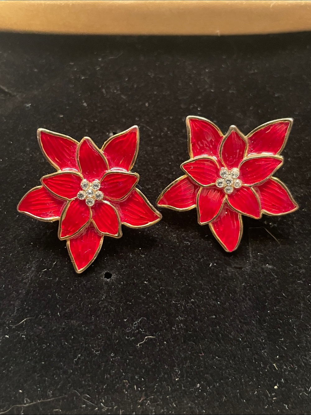 Vintage 50's Enamel Swarovski Crystal Poinsettia Clip On Earrings